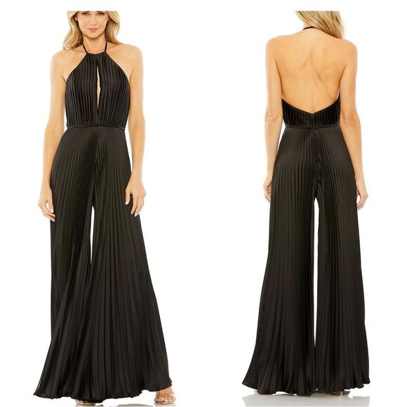 NWT Ieena for Mac Duggal Black Halter Neck Keyhole Detail Pleated Jumpsuit sz 2 - Picture 1 of 15